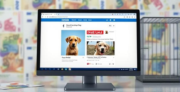 Imagen de una pantalla de ordenador mostrando un anuncio falso de venta de perros en una red social, con un fondo de billetes de euro y una jaula de perro vacía.