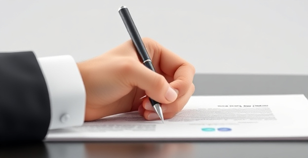 Una mano firmando un documento con trazos firmes y legibles, reflejando confianza y claridad mental.