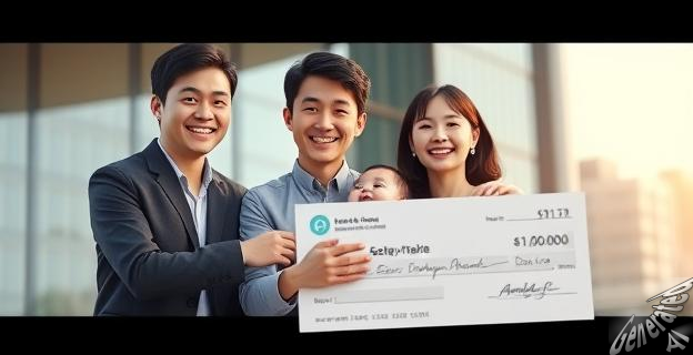 Una familia surcoreana sonriendo con un bebé en brazos, con un cheque grande en primer plano y un edificio de oficinas al fondo.