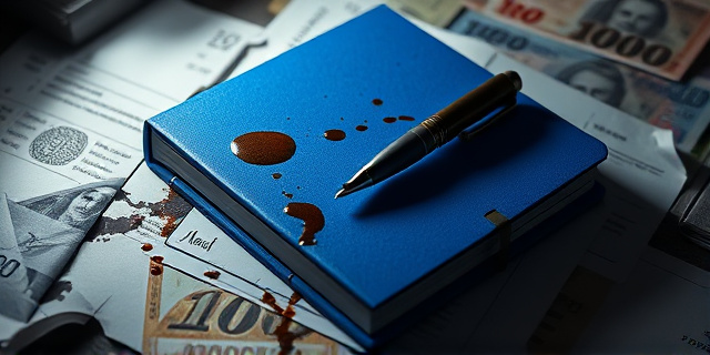Una libreta azul con manchas de café y una pluma estilográfica sobre un fondo de papeles arrugados y billetes parcialmente visibles. El ambiente debe ser oscuro, con una luz tenue que ilumine la libreta, creando sombras dramáticas. El estilo artístico debe ser realista con un toque de expresionismo.