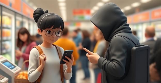 Una escena concurrida en un supermercado donde una persona está haciendo un pago con su teléfono móvil mientras un ladrón con un segundo teléfono en el bolsillo está detrás de ella, intentando capturar los datos de la transacción sin que se dé cuenta. El fondo debe mostrar una terminal de pago y personas en fila.