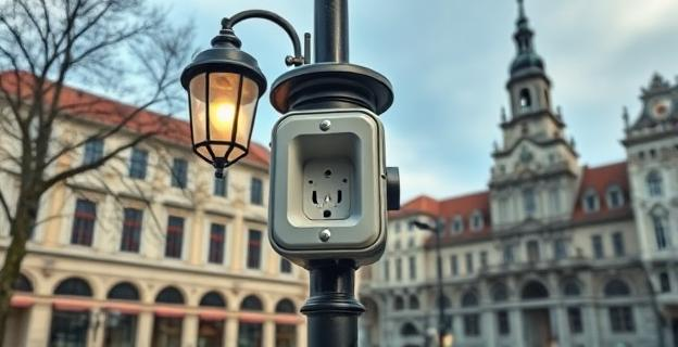 Una farola en una plaza pública con un cajetín elevado a gran altura, bajo vigilancia policial, en un entorno urbano con edificios históricos al fondo