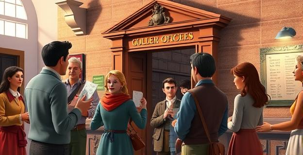 Ilustración de una escena del siglo XVIII con personas comprando lotería en una oficina gubernamental, con un ambiente de expectación y billetes de lotería en mano.