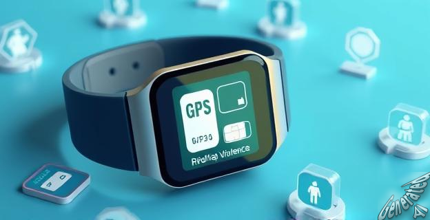 Una imagen de una pulsera electrónica con una pantalla que muestra una señal de GPS y una tarjeta SIM, rodeada de iconos que representan la violencia de género y la tecnología.