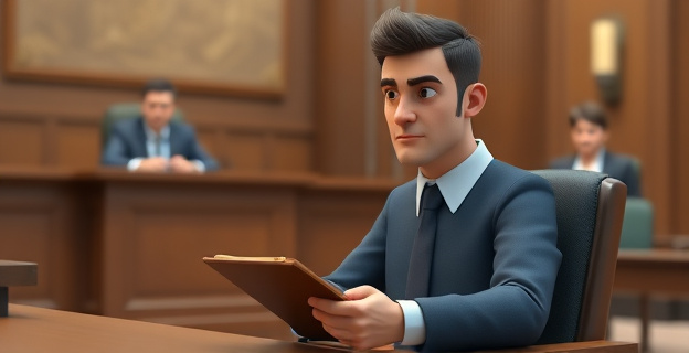 Una escena de un juicio con un acusado sentado en el banquillo, con una expresión seria y una carpeta con documentos delante. Al fondo, un juez y un fiscal escuchando atentamente.