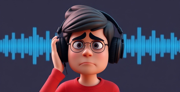Imagen de una persona escuchando música en un auricular con expresión de estrés, en un fondo con gráficos de ondas sonoras simples y repetitivas