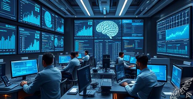 Una representación abstracta de una red neuronal interconectada, con nodos brillantes que simbolizan datos fluyendo. En un segundo plano, se vislumbran figuras humanas trabajando en condiciones de poca luz, manipulando intrincadas interfaces, casi fundiéndose con la maquinaria. Los colores son fríos, predominando los azules y grises, con destellos de verde y morado. Un gran ojo algorítmico, semi-oculto, observa la escena con una expresión ambigua.