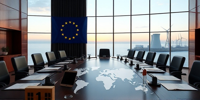 Una escena diplomática en la sala del Consejo Europeo: mesas de madera oscura, una gran ventana que abre al horizonte con la bandera de la UE ondeando, papeles y dispositivos digitales sobre la mesa, un mapa del mundo con iconos de centrales nucleares y turbinas eólicas, y la sombra de una central nuclear en el fondo.