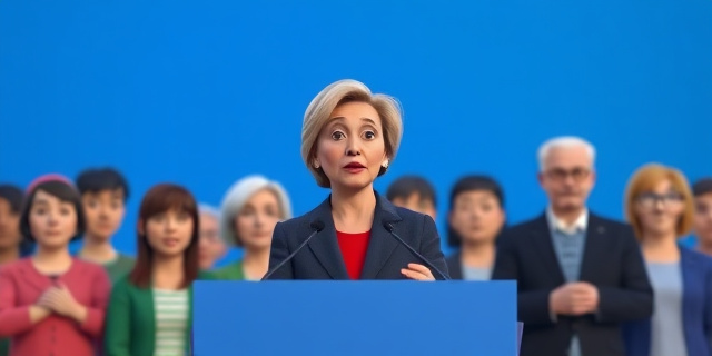Una mujer política hablando en un acto de campaña, con un grupo de personas con discapacidad intelectual detrás de ella, que parecen confundidas y ofendidas
