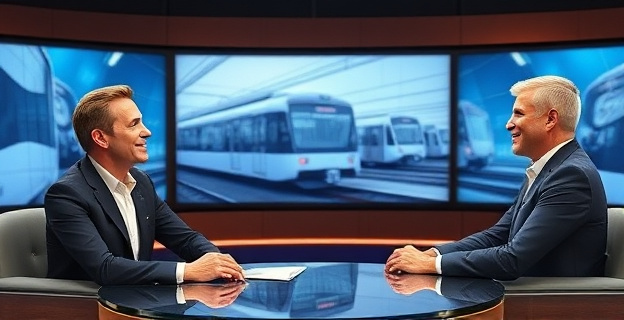 Una entrevista televisiva con un ambiente relajado, un presentador sonriente y un invitado hablando con confianza, mientras se muestran pantallas con gráficos de trenes y tecnología en el fondo.