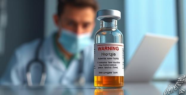 Una imagen de una ampolla de medicamento con una etiqueta de advertencia de desabastecimiento en el fondo, con un profesional sanitario preocupado al lado.