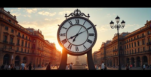 Imagen de un reloj gigante en una plaza española con gente disfrutando del atardecer en verano