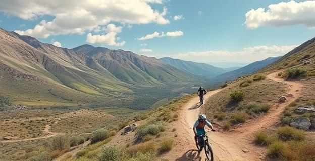 Paisaje montañoso con caminos de tierra y bicicletas de montaña en el Valle de Arán