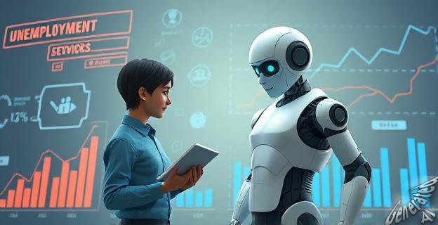 Ilustración de una persona mirando un robot humanoide con una tableta en la mano, rodeado de gráficos de desempleo y tecnología