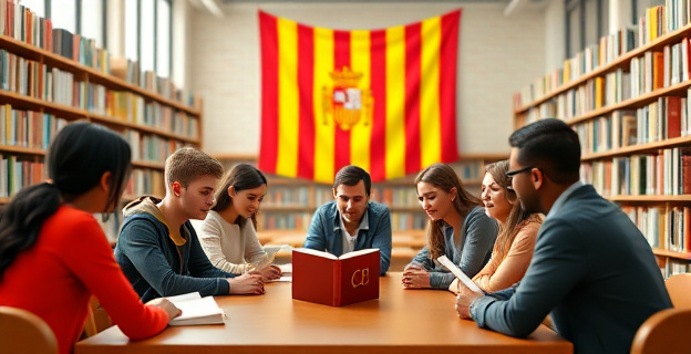 Una escena que muestra a personas de diferentes culturas y edades estudiando catalán en una biblioteca pública, con una bandera de Cataluña de fondo. La atmósfera es acogedora y de integración.