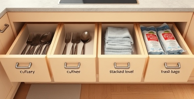 Imagen de una cocina con cuatro cajones etiquetados: el primero con cubiertos organizados, el segundo con utensilios de cocina grandes, el tercero con trapos apilados y el cuarto con bolsas de basura y estropajos