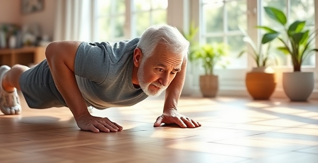 Una persona mayor de 50 años realizando flexiones en el suelo con determinación y energía, rodeada de un entorno luminoso y saludable que refleja vitalidad y bienestar.
