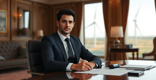 Una escena que muestra un hombre con traje oscuro sentado en un despacho lujoso, con papeles y documentos esparcidos sobre la mesa. Al fondo, una ventana muestra un parque eólico. La iluminación es suave y profesional.