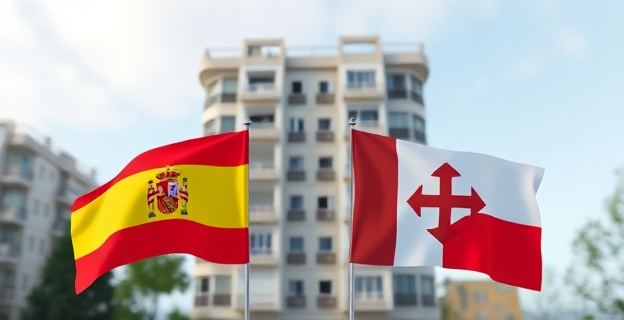 Una imagen que represente la tensión política entre el Gobierno central y la Comunidad de Madrid, con elementos que simbolicen la vivienda y el conflicto entre ambos. Un edificio de viviendas protegidas al fondo, con banderas de España y de la Comunidad de Madrid enfrentadas en primer plano.