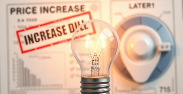Una factura de electricidad con un sello de aumento de precio y una gráfica de barras mostrando el incremento de los costes fijos en el fondo. En primer plano, una imagen de una bombilla apagada con un contador eléctrico detrás.