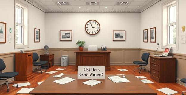 Oficina gubernamental vacía con documentos dispersos sobre protocolos antiacoso, un escritorio con un letrero que dice 