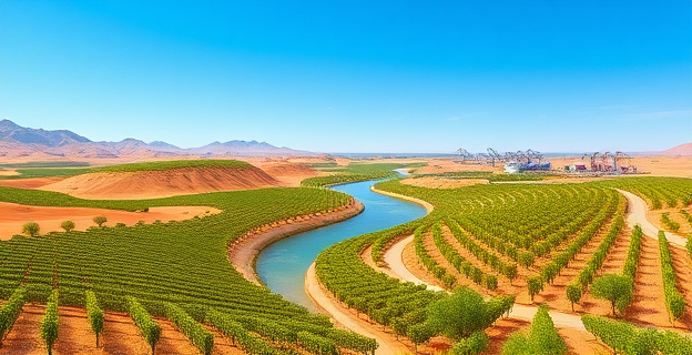 Un vasto desierto con viñedos verdes y exuberantes junto a un río serpenteante, bajo un cielo azul intenso. En el horizonte, contenedores refrigerados y barcos mercantes en un puerto bullicioso.