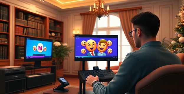 Una habitación lujosa con libros y dispositivos de música. Un hombre está editando un vídeo con emoticonos y efectos de color en una pantalla. La habitación tiene decoraciones navideñas sutiles.