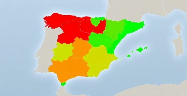 Un mapa de España con diferentes regiones coloreadas según su saldo financiero, con Madrid en rojo oscuro y Cataluña en verde intenso