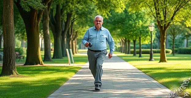 Una persona mayor de 60 años caminando por un parque con una postura correcta y con pesas en una mano.
