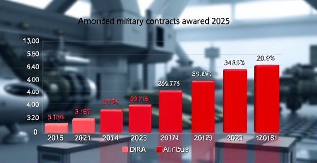 Un gráfico que muestra un gráfico de barras con los montos de los contratos militares adjudicados en 2025, destacando en rojo los adjudicados a Indra y Airbus, con un fondo que simula un entorno militar con equipo de alta tecnología
