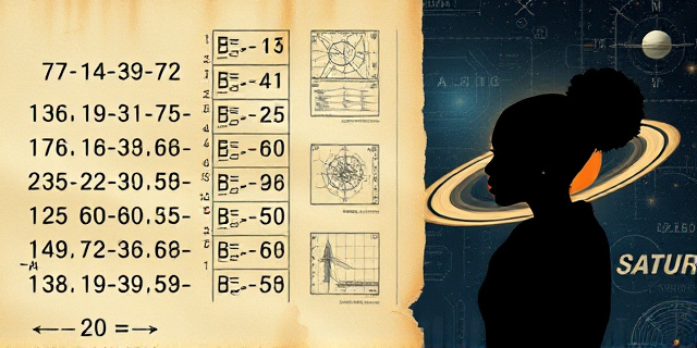 Una ilustración conceptual estilo editorial. En primer plano, una hoja de cálculo antigua y desgastada con números matemáticos complejos que se transforman gradualmente en una nebulosa espacial y estrellas. De fondo, la silueta de una mujer negra decidida, integrada en un collage de esquemas técnicos de cohetes de los años 50 y el planeta Saturno, usando una paleta de colores azul profundo, dorado y blanco crema.