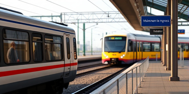 Un tren detenido en una estación, con un autobús de Renfe en el fondo, y un letrero que dice 