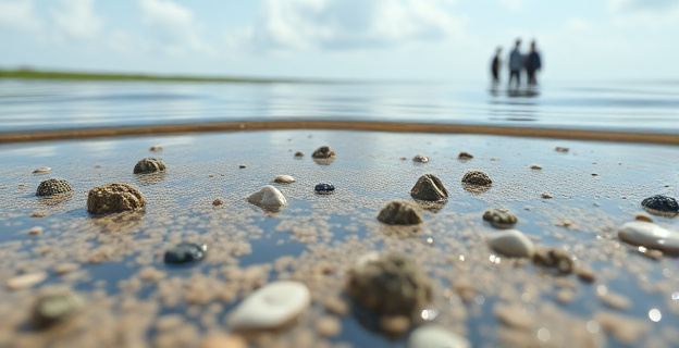 Una imagen de un lago con sedimentos y microplásticos, con un equipo de investigación en el fondo