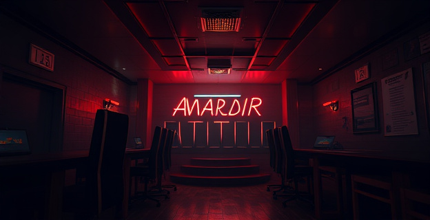 Un local nocturno clandestino en un edificio de oficinas de Madrid, con luces tenues y ambiente sórdido, donde se aprecian irregularidades como salidas de emergencia bloqueadas y mobiliario no autorizado en el sótano.