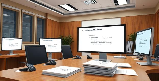 Oficina gubernamental con documentos y computadoras mostrando mensajes de texto en pantallas