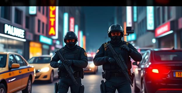 Imagen de una operación policial conjunta entre Ecuador y España, con agentes en trajes tácticos y equipo de vigilancia, en un entorno urbano nocturno con luces de neón y vehículos policiales