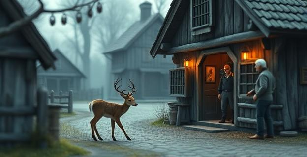 Un pueblo pequeño con un bar en el centro, una cierva joven esperando pacientemente en la puerta del bar, mientras un hombre mayor observa desde dentro con tristeza.