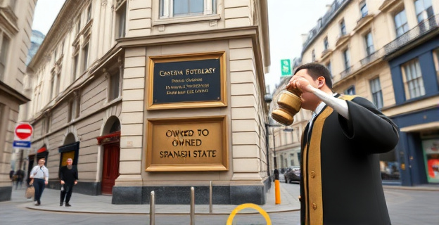 Una escena que muestra un edificio histórico con fachada de estilo clásico y una placa que indica que es propiedad del Estado español, en una calle concurrida de Londres. Al fondo, un juez con toga sostiene un martillo mientras observa el inmueble.
