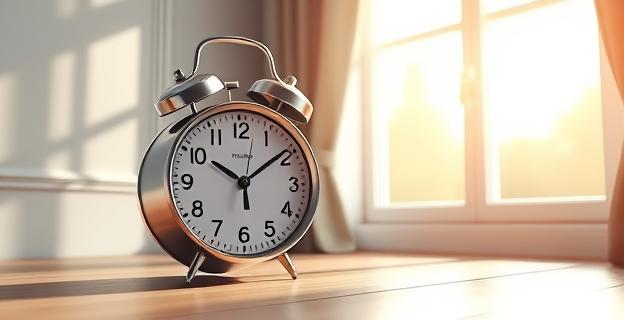 Imagen de un reloj despertador en una habitación con luz natural entrando por la ventana, simbolizando el despertar con el sol