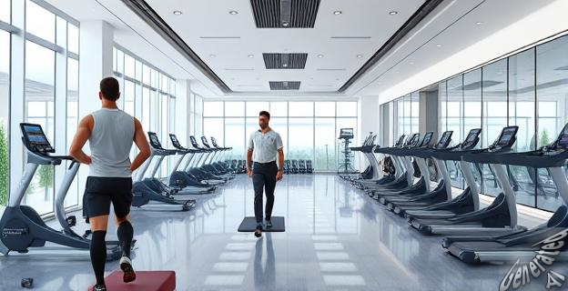Imagen de un gimnasio moderno en una oficina gubernamental con funcionarios haciendo ejercicio
