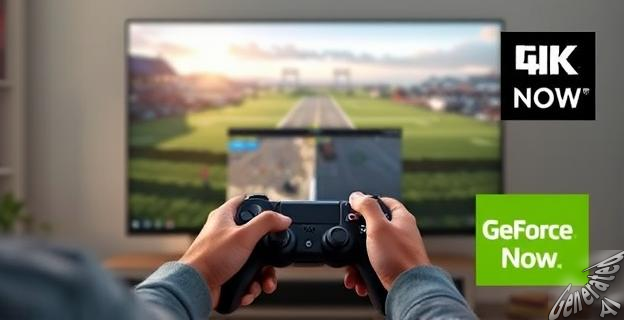 Una imagen de una persona jugando en una pantalla 4K con un mando, con un logo de GeForce Now en la esquina