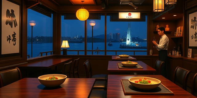 Una ilustración de un bar de sushi nocturno en Tokio, con mesas de madera iluminadas por luces de neón, platos de Shirako dispuestos en bandejas de cerámica, un chef vestindo uniforme tradicional, y una ventana que muestra la bahía de la ciudad. La escena transmite un aire de sofisticación y curiosidad culinaria, sin mostrar rostros humanos.