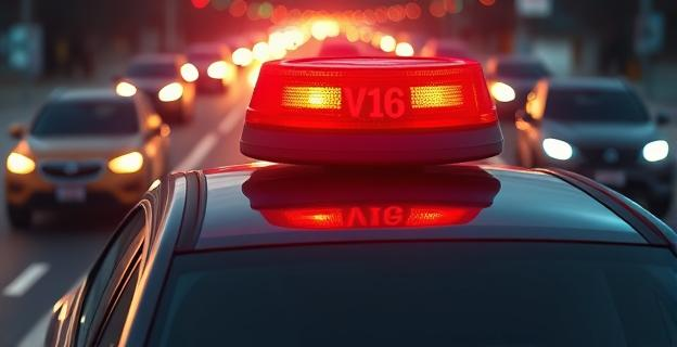 Imagen de una baliza de emergencia V16 en el techo de un coche accidentado en una carretera con iluminación intensa y un fondo de tráfico