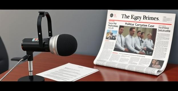 Una imagen que representa un micrófono de radio junto a una mesa con documentos y un titular de periódico sobre un caso de corrupción política