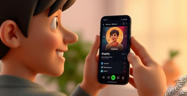 Una imagen de una persona sonriendo mientras usa Spotify en su teléfono móvil, con un álbum de música en la pantalla y una lista de reproducción debajo.