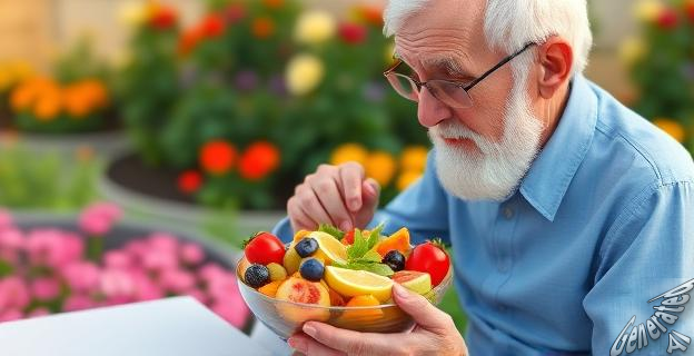 Una persona mayor disfrutando de una ensalada de frutas y verduras frescas en un jardín con flores coloridas.