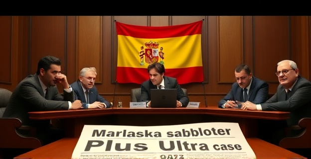 Una escena en el Senado español donde un grupo de políticos del Partido Popular están reunidos alrededor de una mesa, con expresiones de determinación y enfado en sus rostros. Al fondo, una gran bandera de España cuelga de la pared. En primer plano, un titular de periódico con el titular 