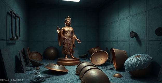 Una estatua de cobre troceada en varias partes dentro de un trastero oscuro y abandonado, con algunos trozos envueltos en plástico o tela para su posterior venta.