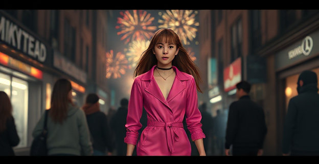 Una joven vestida de rosa chillón caminando por una calle oscura y concurrida, con fuegos artificiales en el fondo y personas anónimas alrededor.