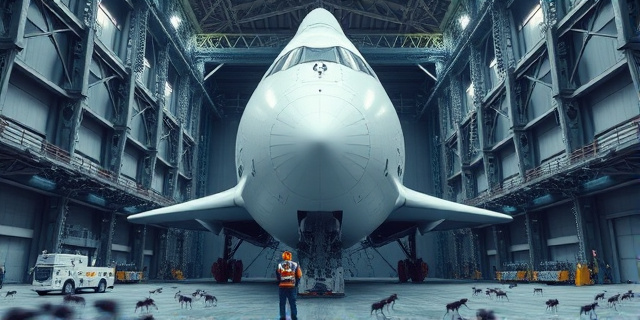 Una ilustración conceptual de estilo editorial. Un cohete colosal en construcción dentro de un hangar industrial gigante, visto desde una perspectiva de hormiga para resaltar su escala abrumadora. Colores contrastados: el blanco brillante del fuselaje contra el gris industrial del hangar. Alrededor, pequeños operarios humanos que parecen hormigas, enfatizando la magnitud de la ingeniería.
